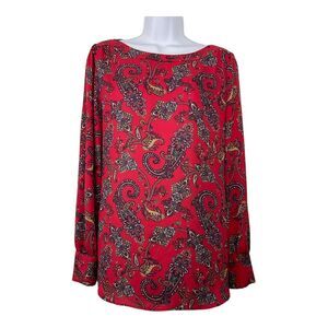 Loft Red Floral Paisley Long‎ Sleeve Boat Neck Pullover Blouse Sz M